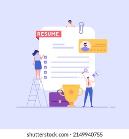 Concept of best resume, job search, employees hiring, search for job candidates. Employee searching job with cv portfolio. New team member in career start. Vector illustration in flat design