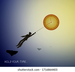 concept of the best time memories, man silhouette holding the clock like sun on the heavens sky, vector