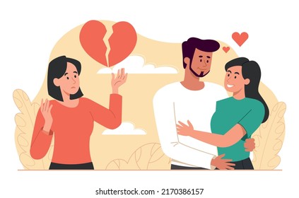 Concept of betrayal. Broken hearted girl watches as her lover embraces another woman. Relationship crisis, problems, quarrels and scandals. Boyfriend cheating. Cartoon flat vector illustration