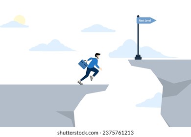 Concept of better achievement in business and career path. Entrepreneurs jump to another cliff to reach a higher level. level up or career. flat vector illustration on white background.