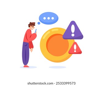 concept beware of scam messages. fraud warning. fraudulent mode to steal money. danger and alert. illustration of a man with coins and warning sign. flat style design. elements