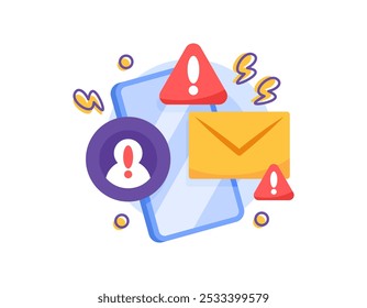 conceito cuidado com mensagens de scam. aviso de fraude. modo fraudulento para roubar dinheiro e dados pessoais. perigo e alerta. ilustração de um smartphone com símbolo de conta, correio e sinal de aviso. estilo plano