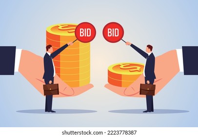 The concept of bidding and auction, each hand holding the money to bid, the highest bidder wins