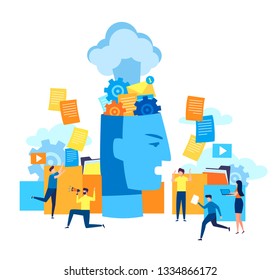 Concept of a big abstract head can not solve a difficult problem and there is an explosion of the brain in it. Small business around it. Background of documents and folders. Flat cartoon style