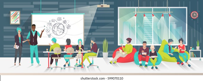 Concept of big art space. Art people work together in coworking place. Business meeting. Multicultural team. Art office. Discussion, presentation, design,  lounge, meeting. Vector flat illustration.