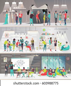 Concept of big art space. Art people work together in coworking place. Art office. Discussion, presentation, painting, design, library, photography, lounge, meeting. Vector flat illustration.