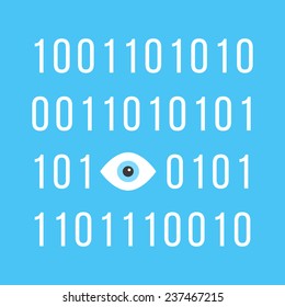 concept of big brother is watching you with binary code. see hacking, unauthorized access, influence on the consciousness of society. isolated on blue background. trendy modern vector illustration