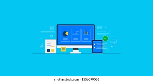 Concept of Big data analysis, Data visualization, Learning algorithms, Digital data on computer screen isolated on blue background