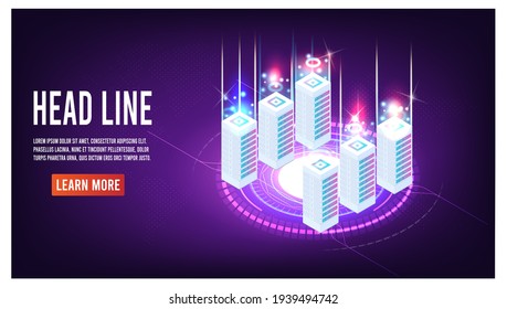 Concept of Big data flow processing, digital science lab, data center server room, cloud database, Hosting server and Digital information technologies.
 Isometric Vector illustration EPS 10