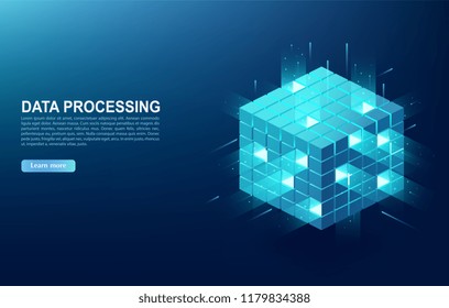 Concept of big data processing center, cloud database, server energy station of future. Digital information technologies in form of cube, web banner.