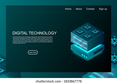 Concept of big data processing center, machine learning, cloud database, station of future, data mining, energy server. Digital technology, machine programming. Vector illustration.