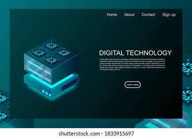 Concept of big data processing center, machine learning, cloud database, station of future, data mining, energy server. Digital technology, machine programming. Vector illustration.