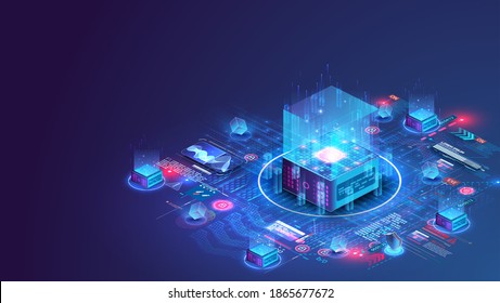 Concept Big Data Processing Center, Cloud Database, Server Energy Station Future. Data Transmission Technology. Cube Or Box Blockchain  Information Storage And Analysis System. Vector Isometric