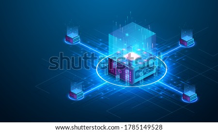 Concept big data processing center, cloud database, server energy station future. Data transmission technology. Synchronizing personal information. Cube or box  Block chain of abstract finance data