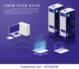 Concept of big data processing, energy station of future, data center, Cryptocurrency and blockchain isometric composition Smart object and smart technology design. for working on blockchain start up.