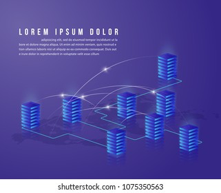 Concept Of Big Data Processing, Energy Station Of Future, Data Center, Cryptocurrency And Blockchain Isometric Composition Smart Object And Smart Technology Design. For Working On Blockchain Start Up.