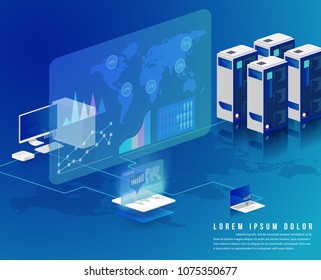 Concept of big data processing, energy station of future, data center, Cryptocurrency and blockchain isometric composition Smart object and smart technology design. for working on blockchain start up.
