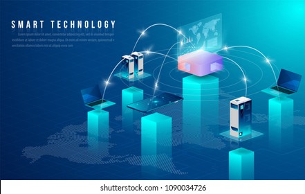 Concept of big data processing, energy station of future, data center, Cryptocurrency and blockchain isometric composition Smart object and smart technology design. for working on blockchain start up.