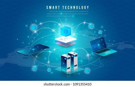 Concept Of Big Data Processing, Energy Station Of Future, Data Center, Cryptocurrency And Blockchain Isometric Composition Smart Object And Smart Technology Design. For Working On Blockchain Start Up.