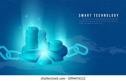 Concept of big data processing, energy station of future, data center, Cryptocurrency and blockchain isometric composition Smart object and smart technology design. for working on blockchain start up.