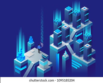 Concept of big data processing, energy station of future, server room rack, data center isometric vector illustration