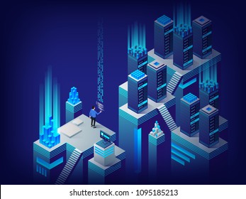 Concept of big data processing, energy station of future, server room rack, data center isometric vector illustration