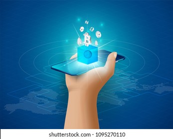 Concept of big data processing, energy station of future, data center, Cryptocurrency and blockchain isometric composition Smart object and smart technology design. for working on blockchain start up.