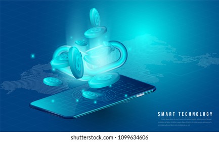 Concept of big data processing, energy station of future, data center, Cryptocurrency and blockchain isometric composition Smart object and smart technology design. for working on blockchain start up.