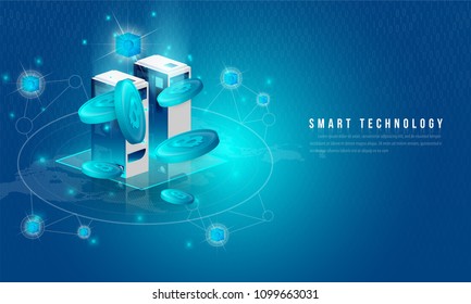 Concept of big data processing, energy station of future, data center, Cryptocurrency and blockchain isometric composition Smart object and smart technology design. for working on blockchain start up.