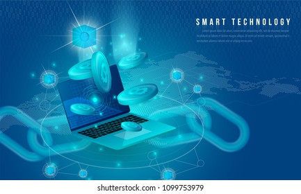 Concept of big data processing, energy station of future, data center, Cryptocurrency and blockchain isometric composition Smart object and smart technology design. for working on blockchain start up.