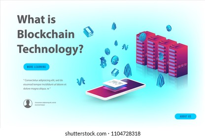 Concept of big data processing, energy station of future, data center, Cryptocurrency and blockchain isometric composition Smart object and smart technology design. for working on blockchain start up.