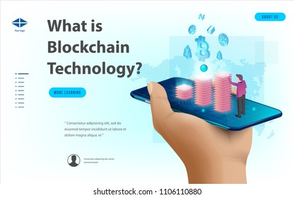 Concept of big data processing, energy station of future, data center, Cryptocurrency and blockchain isometric composition Smart object and smart technology design. for working on blockchain start up.