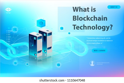 Concept of big data processing, energy station of future, data center, Cryptocurrency and blockchain isometric composition Smart object and smart technology design. for working on blockchain start up.