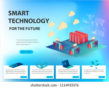 Concept of big data processing, energy station of future, data center, Cryptocurrency and blockchain isometric composition Smart object and smart technology design. for working on blockchain start up.