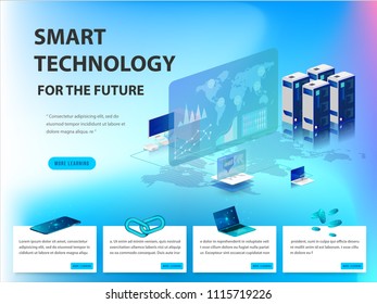 Concept of big data processing, energy station of future, data center, Cryptocurrency and blockchain isometric composition Smart object and technology design for working on blockchain start up.