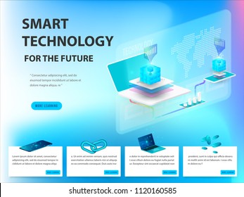 Concept of big data processing, energy station of future, data center, Cryptocurrency and blockchain isometric composition Smart object and smart technology design. for working on blockchain start up.