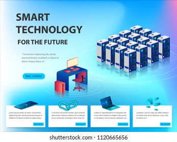 Concept of big data processing, energy station of future, data center, Cryptocurrency and blockchain isometric composition Smart object and smart technology design. for working on blockchain start up.