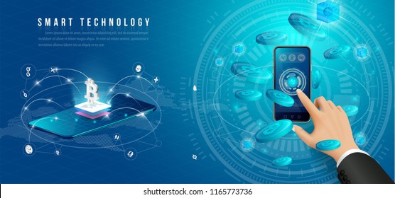 Concept of big data processing, energy station of future, data center, Cryptocurrency and blockchain isometric composition Smart object and smart technology design. for working on blockchain start up.