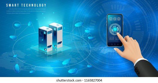 Concept of big data processing, energy station of future, data center, Cryptocurrency and blockchain isometric composition Smart object and smart technology design. for working on blockchain start up.