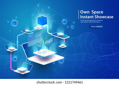 Concept of big data processing, energy station of future, data center, Cryptocurrency and blockchain isometric composition Smart object and smart technology design. for working on blockchain start up.