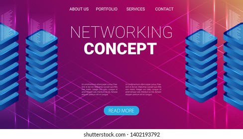 Concept of big data processing, energy station of future, server room rack, data center isometric vector illustration