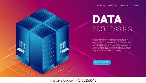 Concept of big data processing, energy station of future, server room rack, data center isometric vector illustration