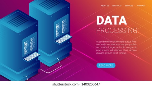 Concept of big data processing, energy station of future, server room rack, data center isometric vector illustration