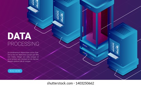 Concept of big data processing, energy station of future, server room rack, data center isometric vector illustration