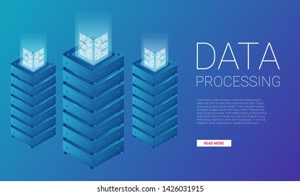 Concept of big data processing, energy station of future, server room rack, data center isometric vector illustration