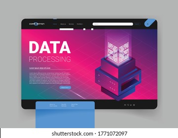 Concept of big data processing, energy station of future, server room rack, data center isometric vector illustration