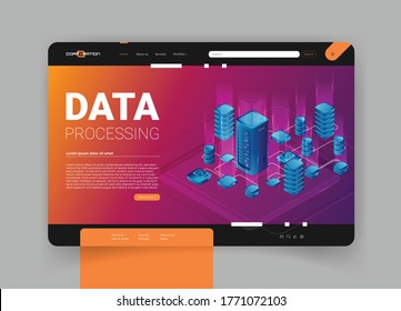 Concept of big data processing, energy station of future, server room rack, data center isometric vector illustration