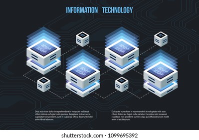 Concept of big data processing, Isometric data center, vector information processing and storage. Creative illustration with abstract geometric elements.
