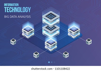 Concept of big data processing, Isometric data center, vector information processing and storage. Creative illustration with abstract geometric elements.