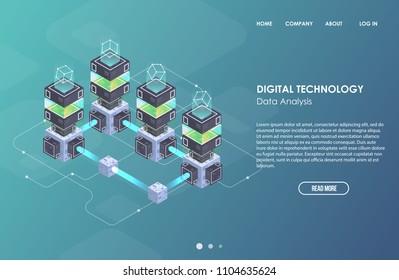Concept of big data processing, Isometric data center, vector information processing and storage. Creative illustration with abstract geometric elements.